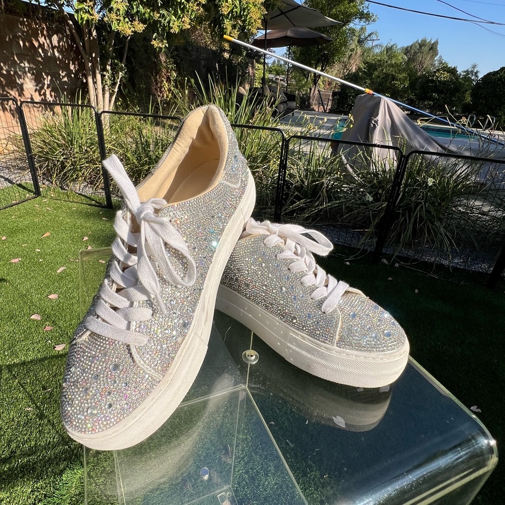 Betsey Johnson White Iridescent Crystal Platform Sneakers - Picture 2 of 7